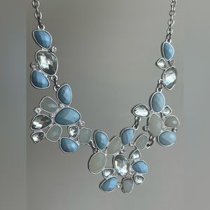 Light blue and green silver tone costume necklace